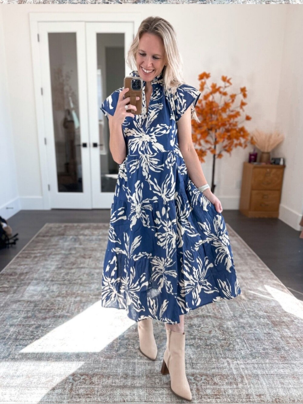 Pinch Cotton Ruffle Midi Dress Large Blue White Floral Boho Oversize
